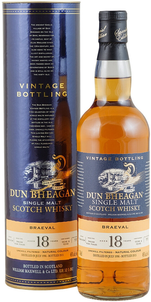 Виски Dun Bheagan Braeval 18 Years Old 46% 1996 in tube 700 мл
